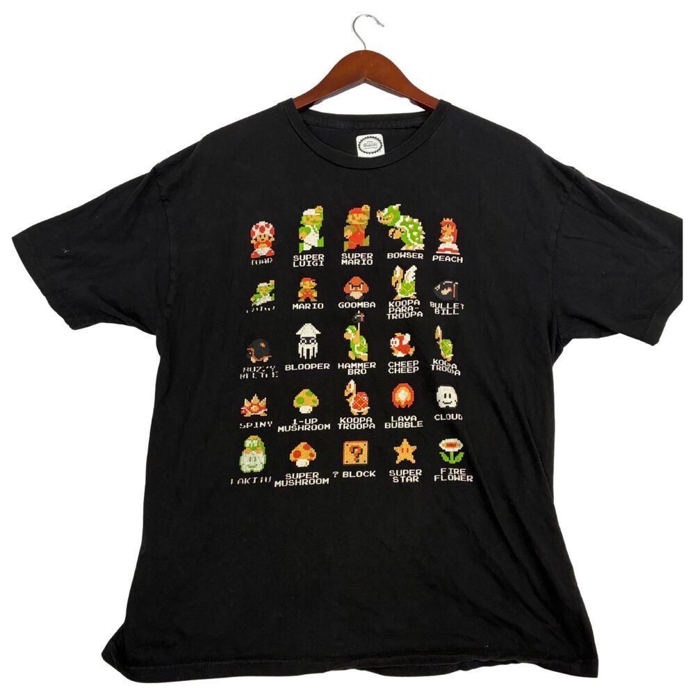 Nintendo Super Mario Bros Character Graphic Black T-Shirt Pixel Art Gaming Tee